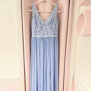 David's Bridal Lace and Mesh V-Neck Ice Blue Bridesmaid Floor Length Dress -Sz 6